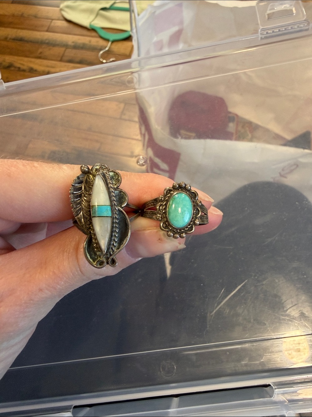 Sterling Style Turquoise and White Inlay Women's Rings - Boho Silver Tone